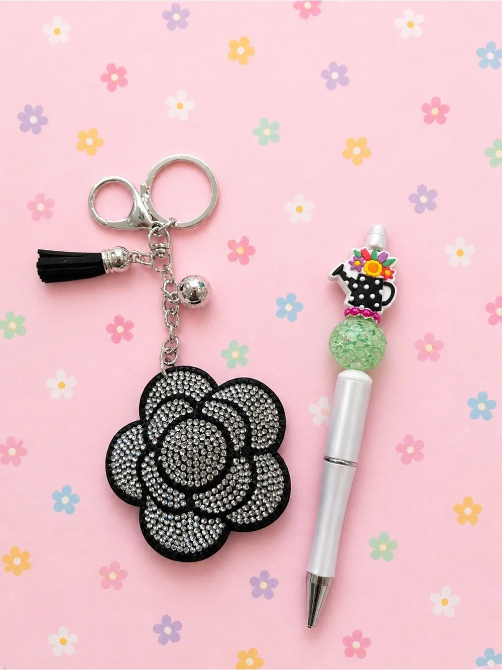 Rhinestone Black Flower Keychain with handmade flower pot beaded pen